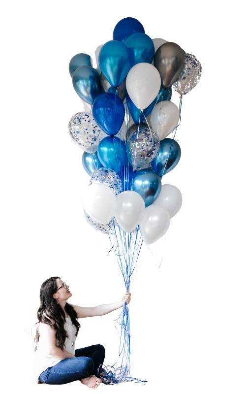 OBM Challenge Bonuses, Leanne Woff holding blue balloons